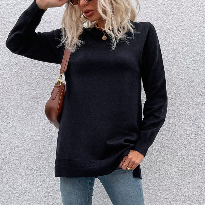 Women Clothing Autumn Winter Sweaters Women round Neck Button Solid Color Split Sweater