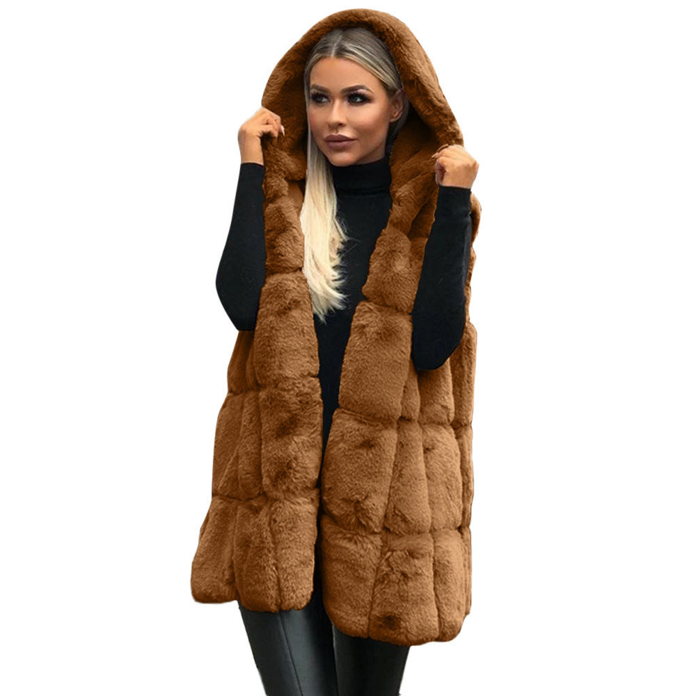 Faux Fur Hooded Vest Popular Autumn Winter Hooded Faux Fur Vest Women Imitation