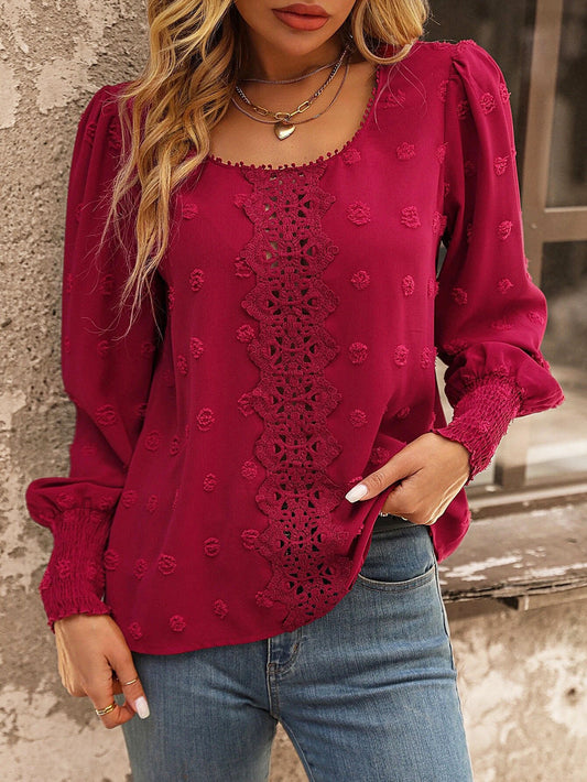 Women Round Neck Puff Sleeve Big Polka Dot Stitching Lace Smocking Shirt