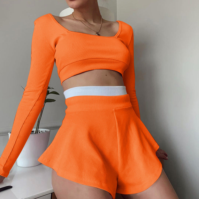 Sports Women Clothing Contrast Color Fit Top Sexy Culottes Suit