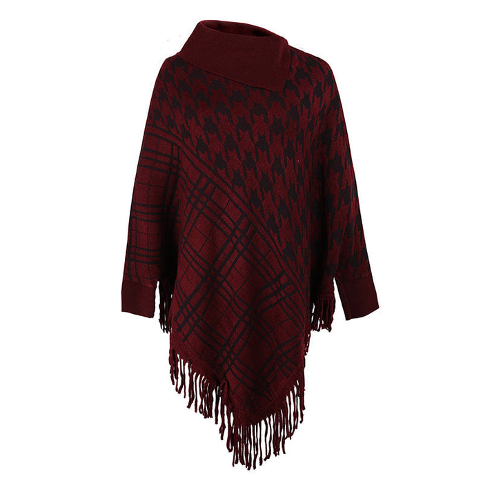 Autumn Winter Shawl Cape Knitwear Sweater Half Open Collar Tassel Hem Coat