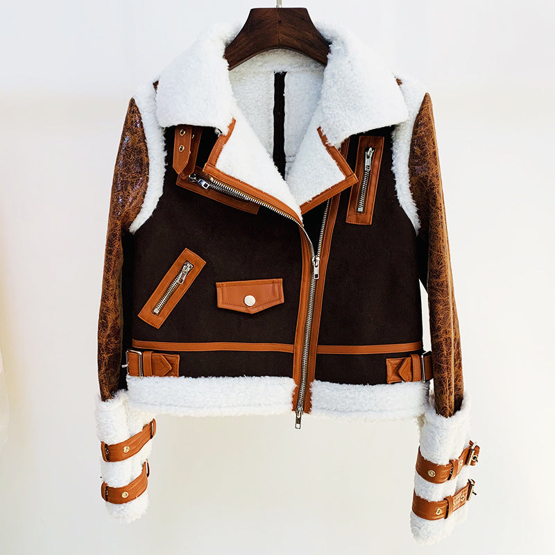 Winter Stars Lead Oblique Zipper Deerskin Fur Stitching Short Jacket