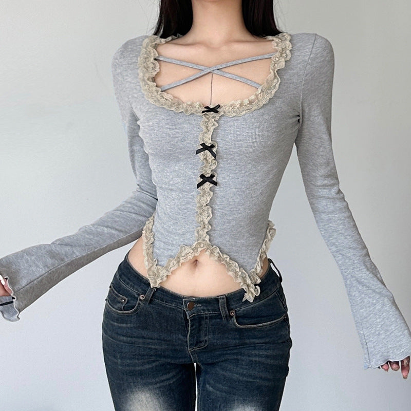 French Characteristic Square Collar Cross Strap Irregular Asymmetric Hem T Shirt Sexy Slimming Off Shoulder Slim Fit Lace Collared Blouse
