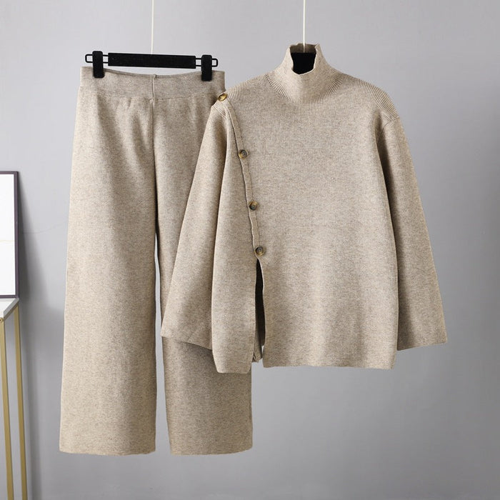 Niche Stand Collar Slit Knitted Turtleneck Sweater Women Winter Warm Anti-Aging Casual Wide Leg Pants Two Piece Set