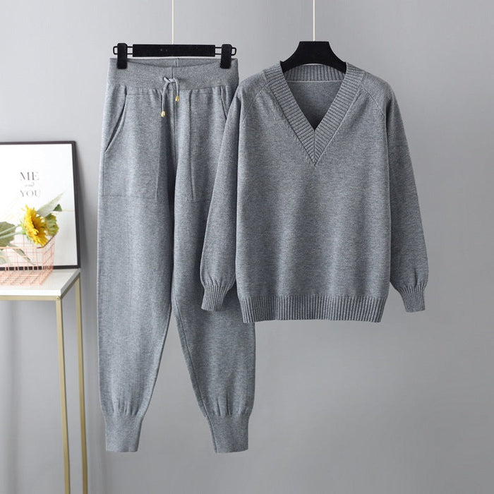 Autumn Winter Sweater Harem Pants Suit Russian Casual Sweater Pullover Two Piece Set