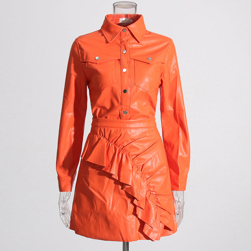 Coat Faux Leather Suit Early Spring Stand Collar Long Sleeve Shirt High Waist Pleated Skirt Two-Piece Set