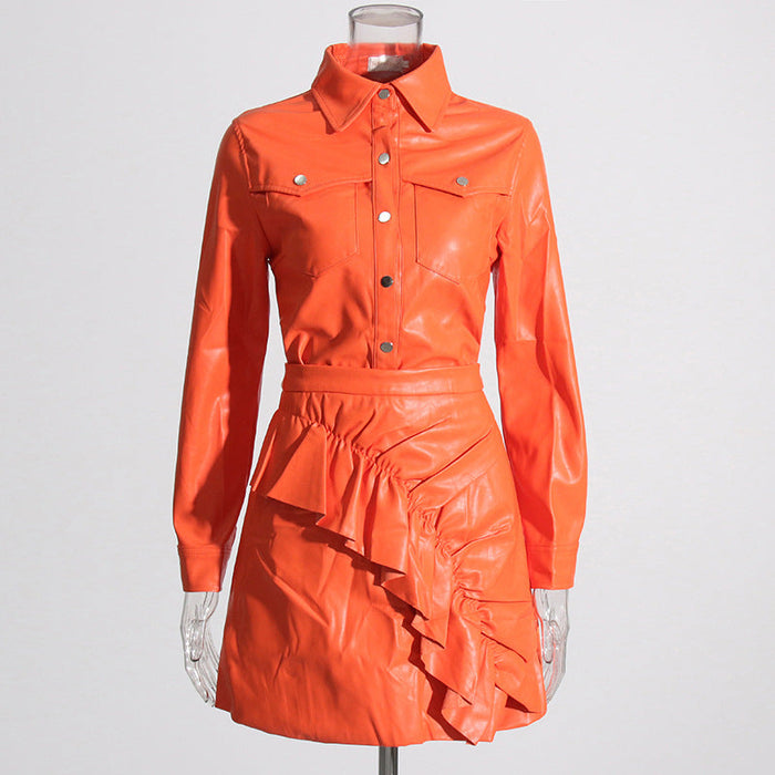 Coat Faux Leather Suit Early Spring Stand Collar Long Sleeve Shirt High Waist Pleated Skirt Two-Piece Set