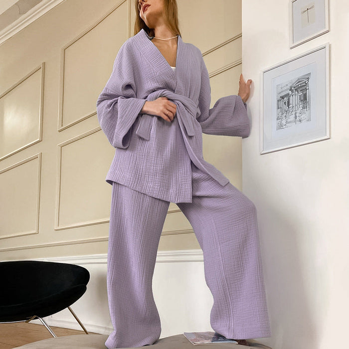 Fall French Loose Nightgown Trousers Double Layer Gauze Women Pajamas Solid Color Cotton Absorbent Moisture Wicking Clothing