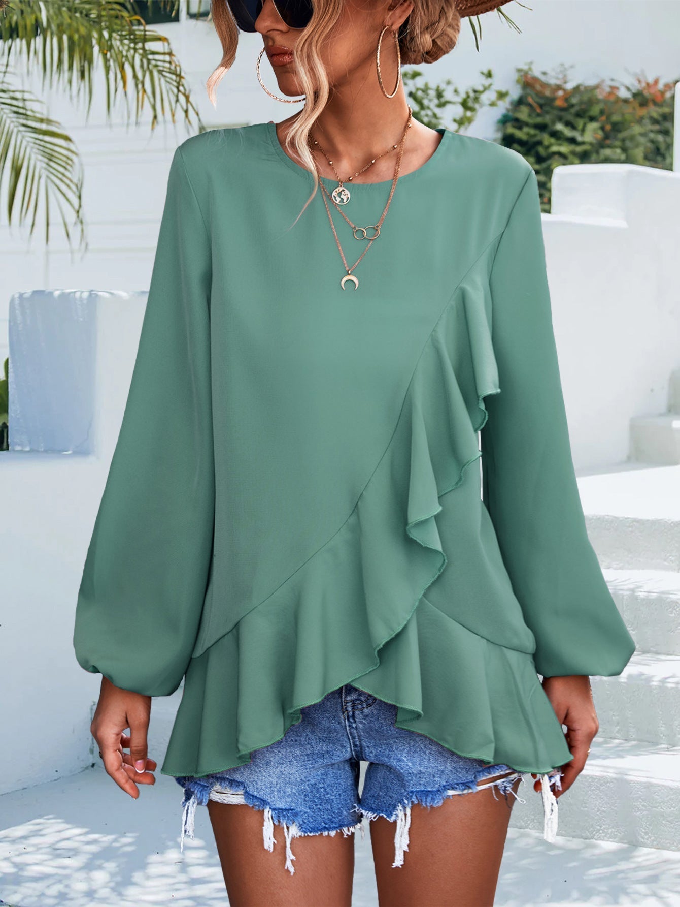 Spring Summer Solid Color Ruffles Lantern Sleeve Irregular Asymmetric Top