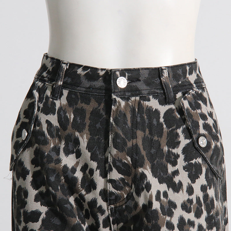 Autumn Vintage Leopard Print Printed Multi Pocket Decorative Design Cargo Jeans Women Trousers