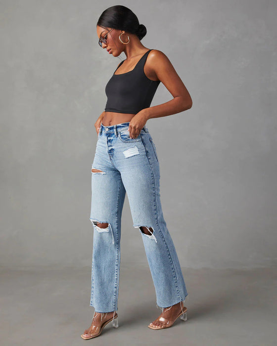 Ripped Raw Hem Jeans Casual Washed Women Straight Leg Pants Raw Hem High Waist Jeans