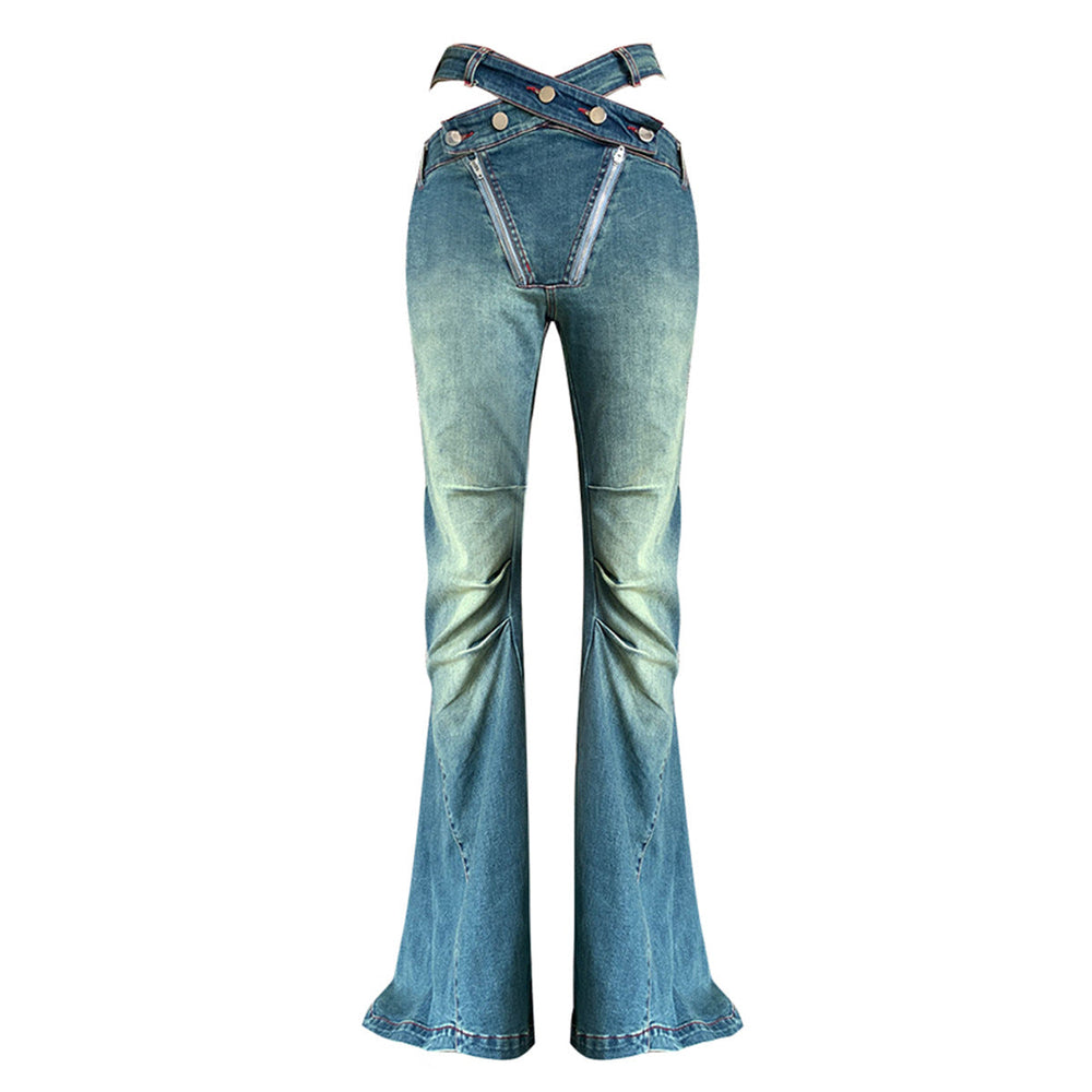 Fashionable Minority Trousers Summer Pioneer Slim Fit Hollow Out Cutout High Waist Pleated Placket Sexy Denim Bell Bottom Pants