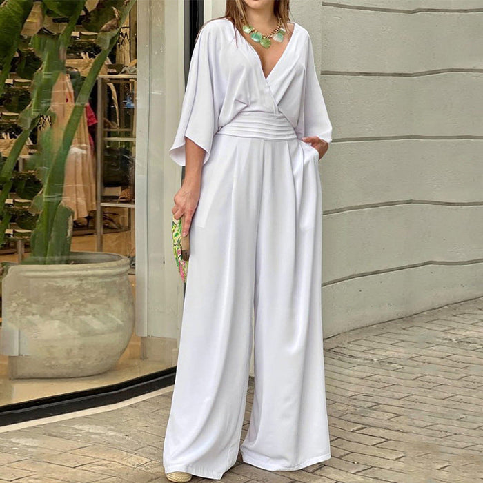 Women Jumpsuit Batwing Sleeve V neck Backless Waist Trimming Loose Wide Leg Jumpsuit