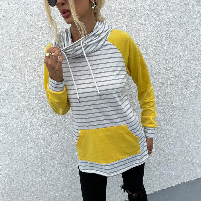 Spring Autumn Women Clothing Mock Neck Stripes Stitching Women Hoodie Top