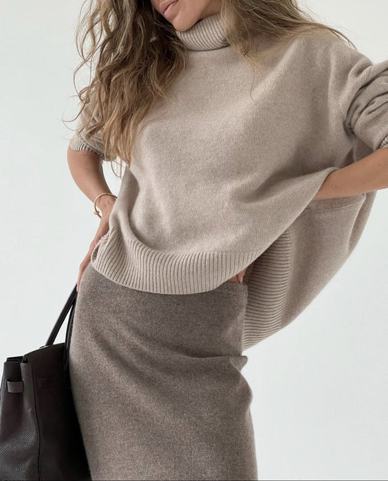 Autumn Winter Cocoon Shaped Turtleneck Front Short Back Long Loose Core