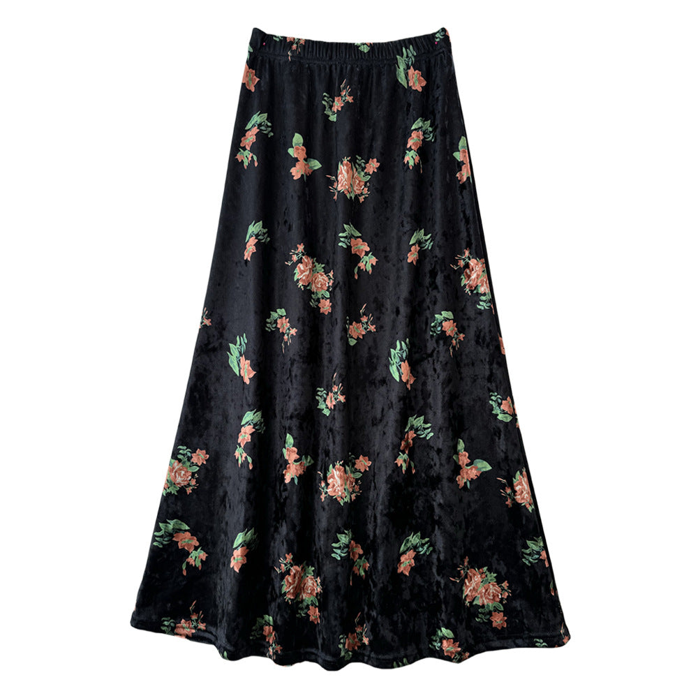 Retro Diamond Velvet Floral Skirt for Women Autumn Winter A line Skirt Lightly Mature Thickened Draping Fishtail Long Skirt