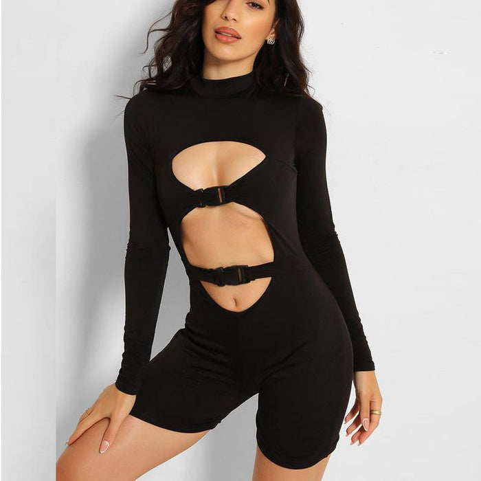 Women Sexy Cutout Jumpsuit Release Buckle Long Sleeve Shorts Jumpsuit Casual Pants