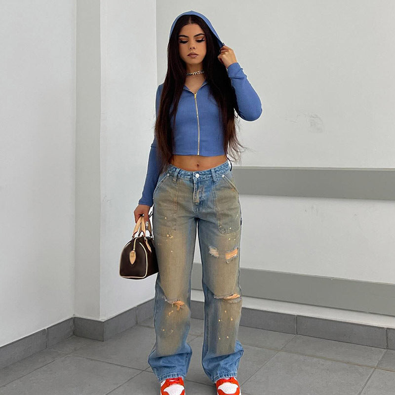 Street Women Clothing Washed Worn Retro Gradient High Waist Jeans Ripped Splash Ink Straight Casual Trousers