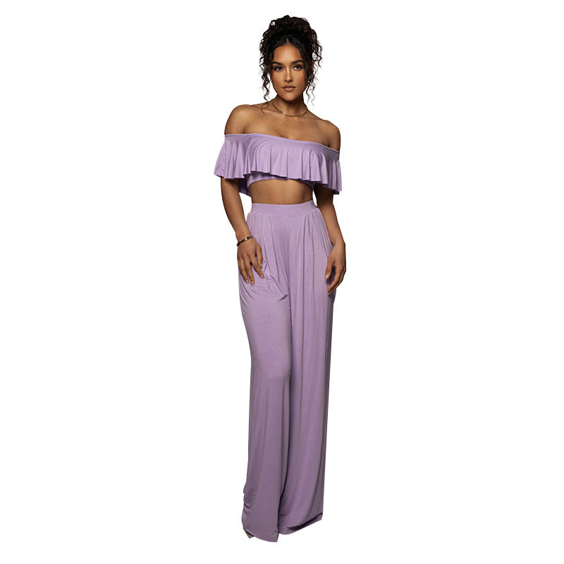 Sexy off-Neck Lotus Leaf Tube Top Cropped Top Women Clothing Casual Wide Leg Pants Suit
