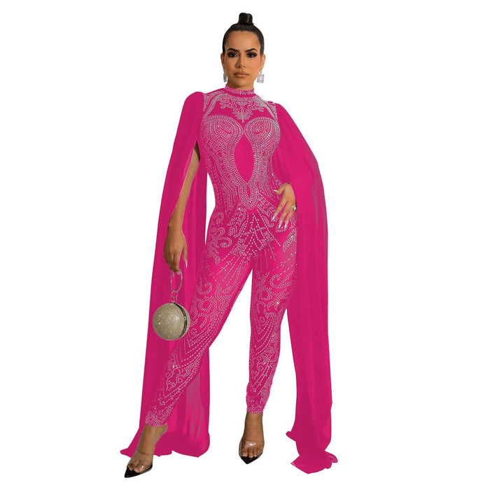 Autumn Winter Women Clothing Sexy Mesh Rhinestone See through Nightclub Jumpsuit Women