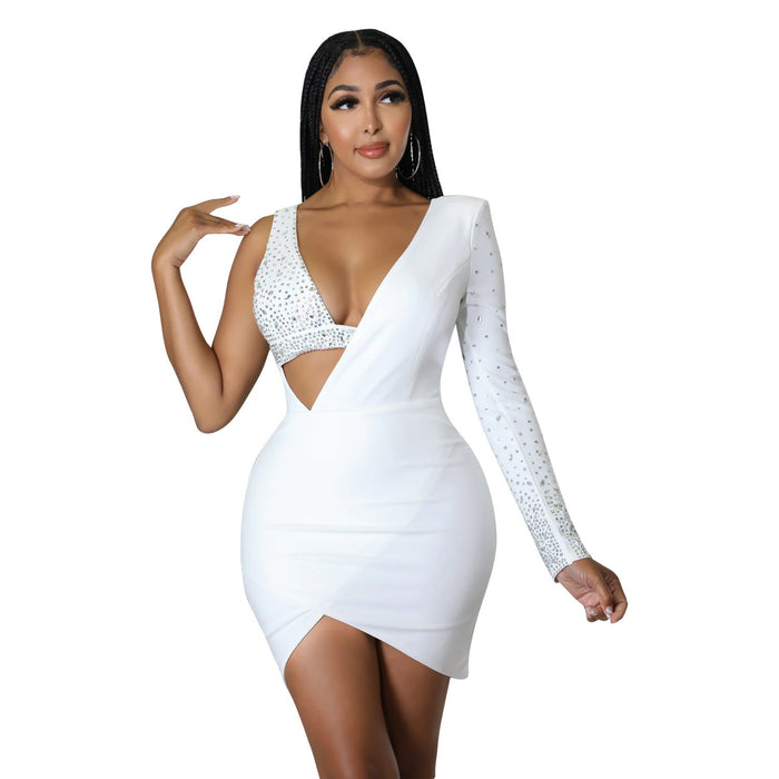 Summer Women Clothing Sexy Tight Rhinestone One Shoulder Dress Women