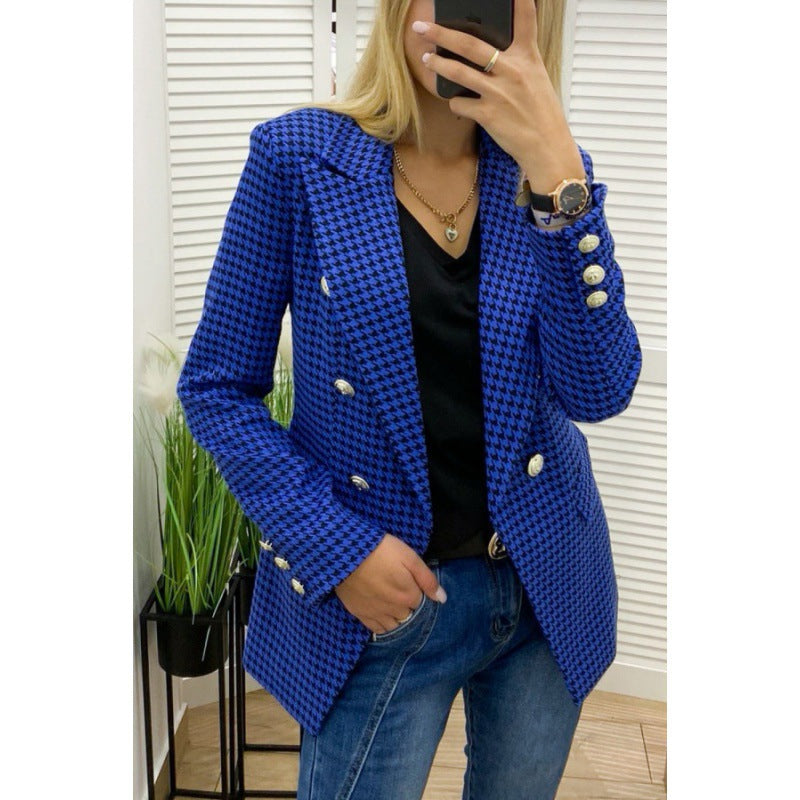 Double Breasted Houndstooth Office Blazer  Women