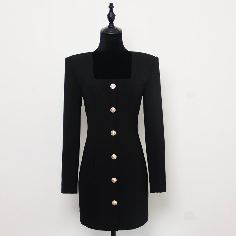 Spring Autumn Solid Color Square Collar Single Breasted Long Sleeve Zipper Short Women  Dress