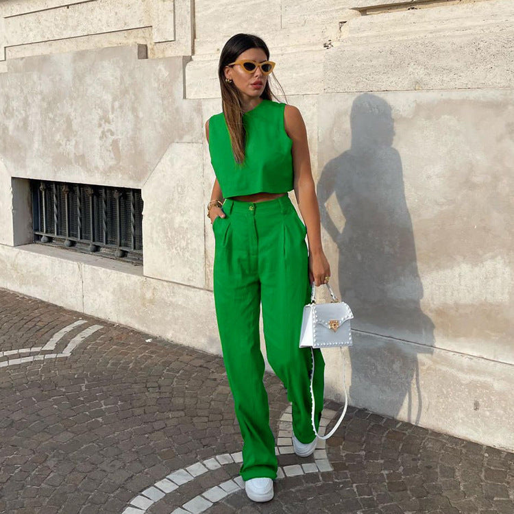 Summer Solid Color Sleeveless Green Top Bell-Bottom Pants Suit Commuting Fashion Women Clothing