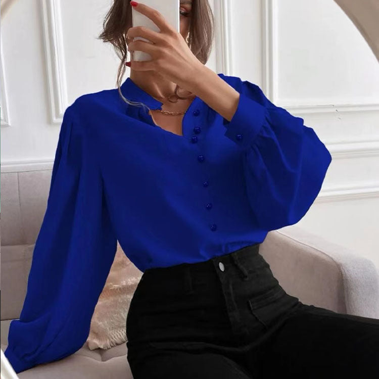 Women  Shirt Autumn Elegant Solid Color Collared Long Sleeve Single Row Button Loose Women Top