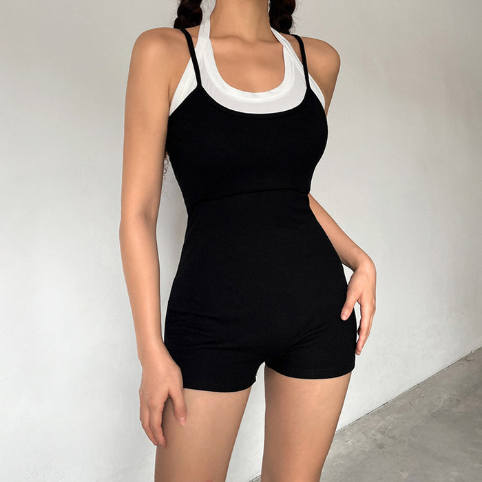 Sports Faux Two Piece Halter Strap Solid Color Slim Strap Romper