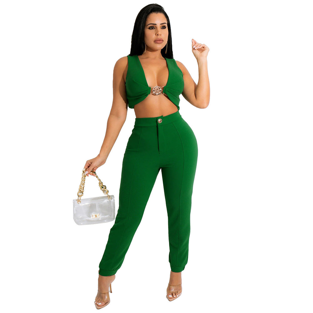 Solid Color Tight Sleeveless Knitted Two-Piece Vest Pants Suit for Women