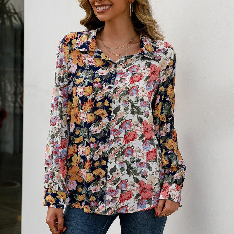 Loose Casual Floral Long Sleeved Shirt Single Breasted Multicolor Floral Shirt Top Women
