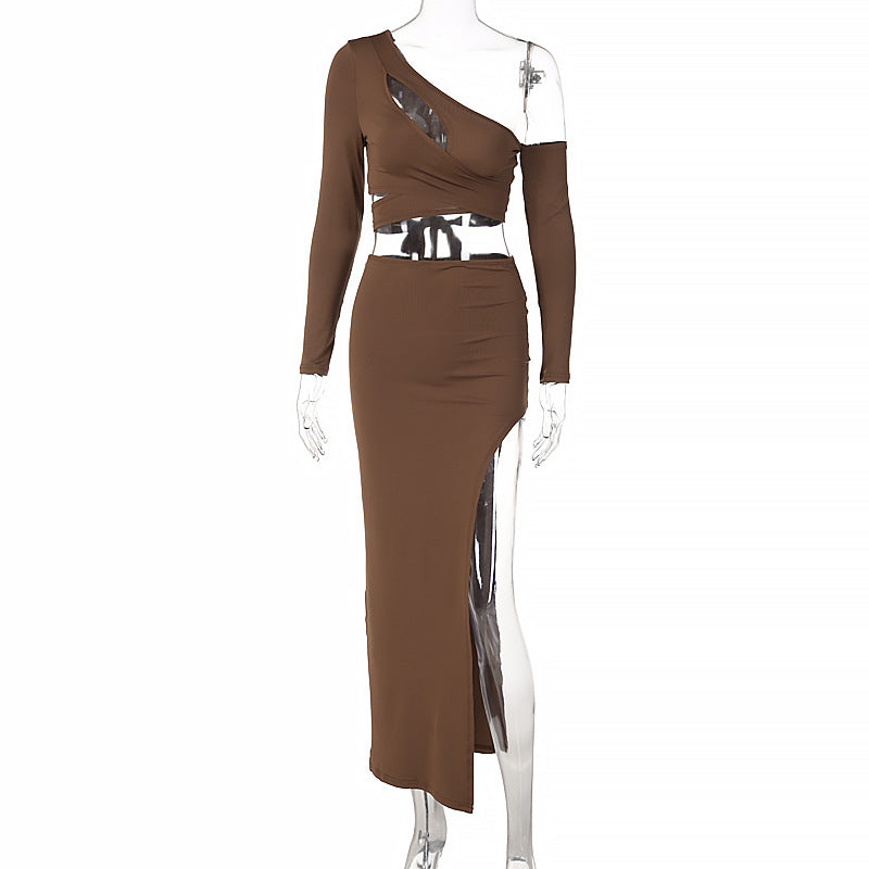 Diagonal Shoulder Crop Top Short Top Slim Fit Slit Skirt Set Women Clothing Opera Glove