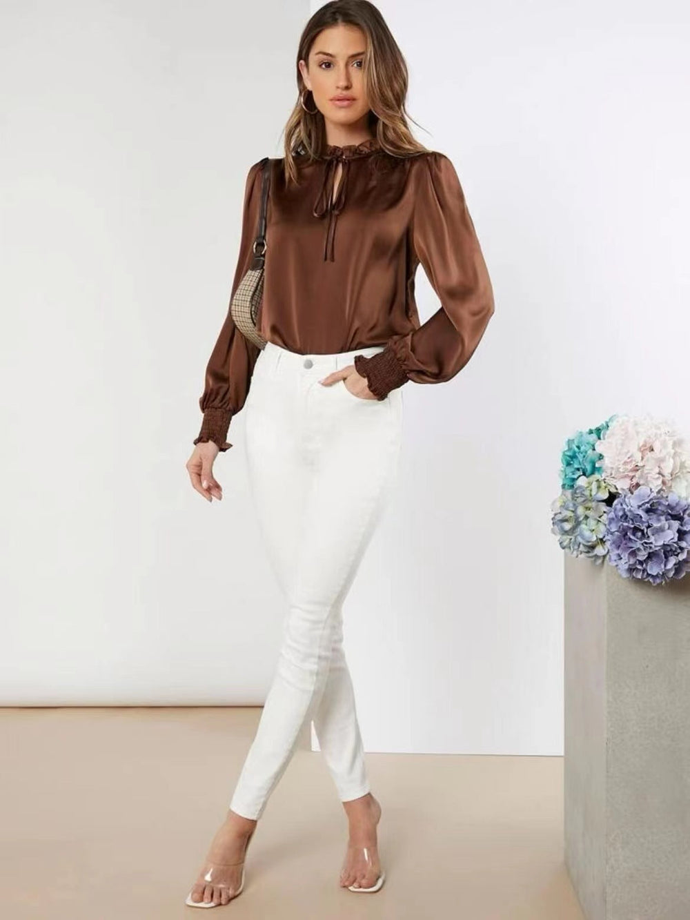Women Shirt Autumn Arrival Elegant Solid Color Round Neck Long Sleeve Lace up Straight Satin Blouse