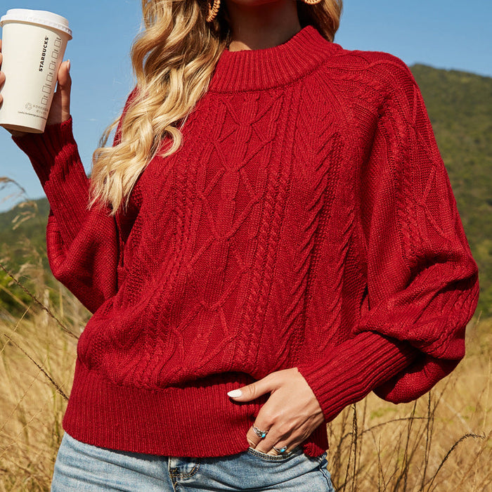 Women Clothing Solid Color Lantern Sleeve Mock Neck Sweater British Loose Pullover Sweater