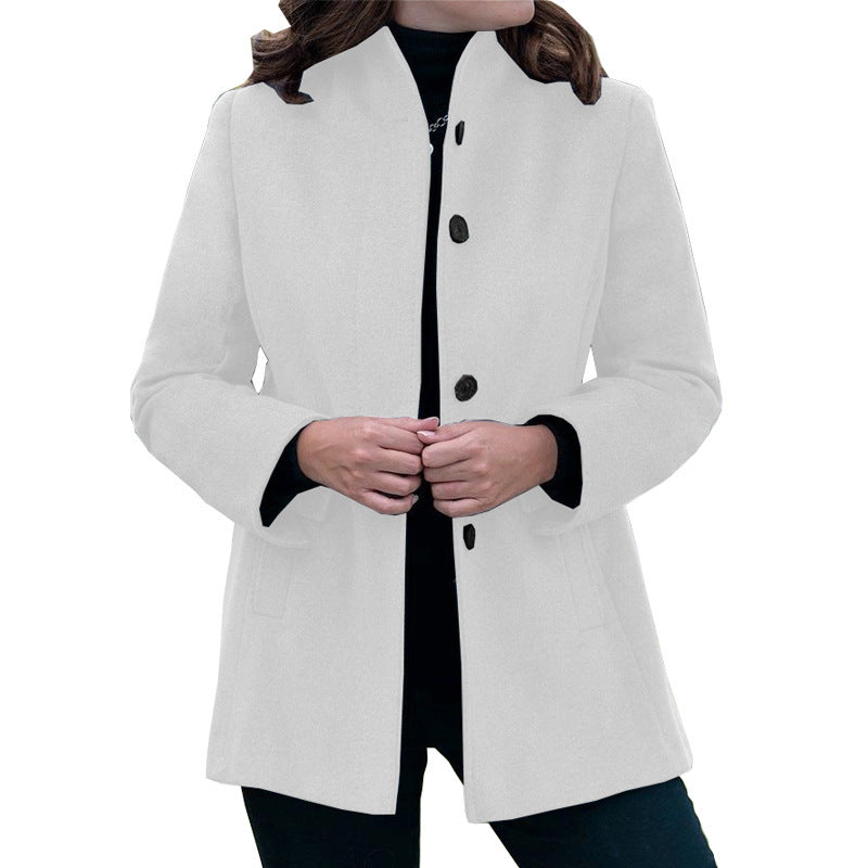 Autumn Winter Simplicity Long Sleeve Collared Button Slim-Fit Woolen Coat Women