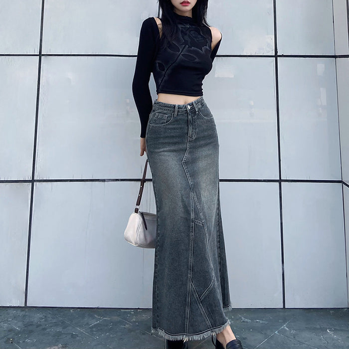 Autumn Winter Women Clothing Tight Waist Sheath White Tassel Edge Denim Long Skirts Skirt