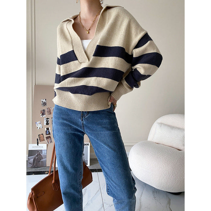 Casual Polo Large V-neck Striped Sweater Autumn Winter Loose Pullover