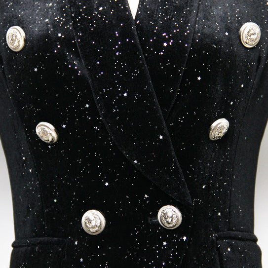 Spring Autumn Blazer  Starry Sequined Silver Buckle Waist Tight Velvet Small Blazer for Women