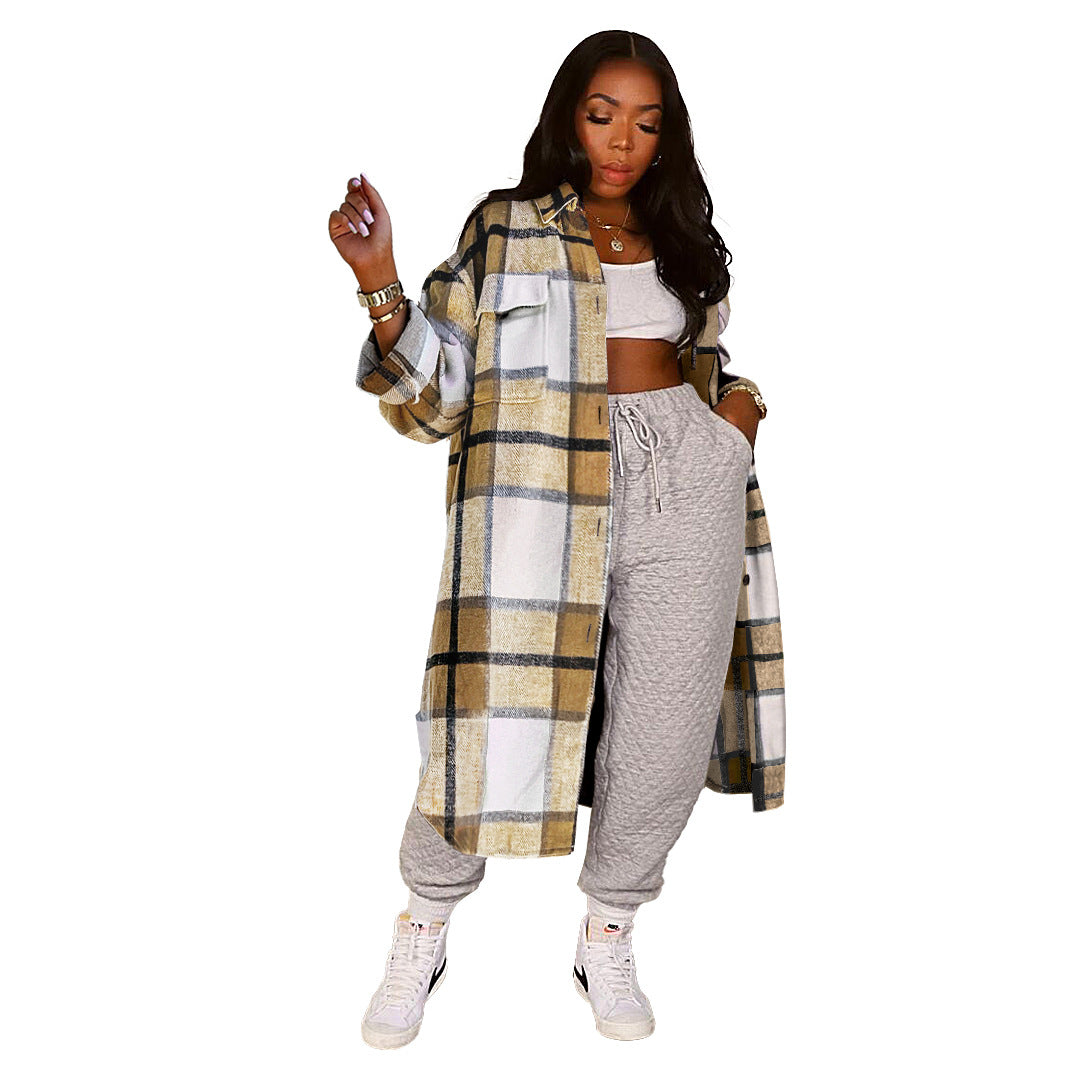 Women Clothing Nightclub Uniforms Pocket Plaid Long Shirt Coat