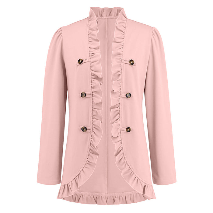 Women Ruffled Cardigan Button Small Coat Autumn Winter Long Sleeve Short