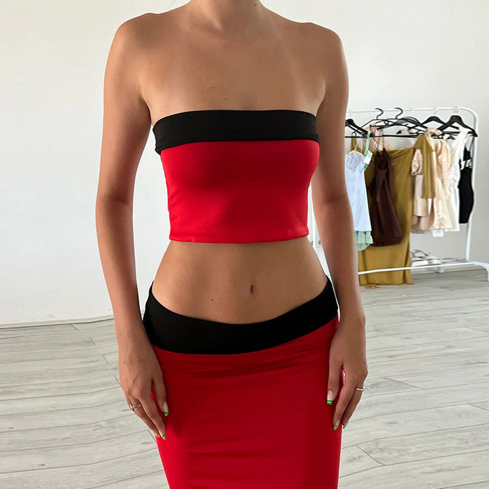 Women Clothing Sexy Tube Top Suit Skirt Short Cropped Top Half Length Dress Two Piece Set