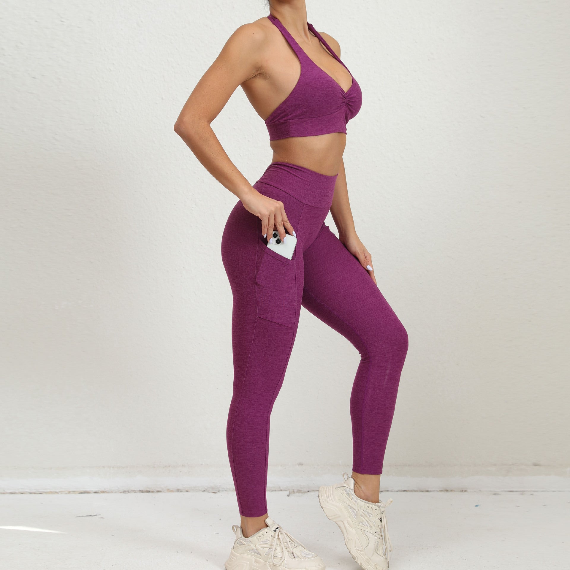 Halter Adjustable Shoulder Strap Peach Hip Pocket V Waist Tights Sports Yoga Fitness Suit