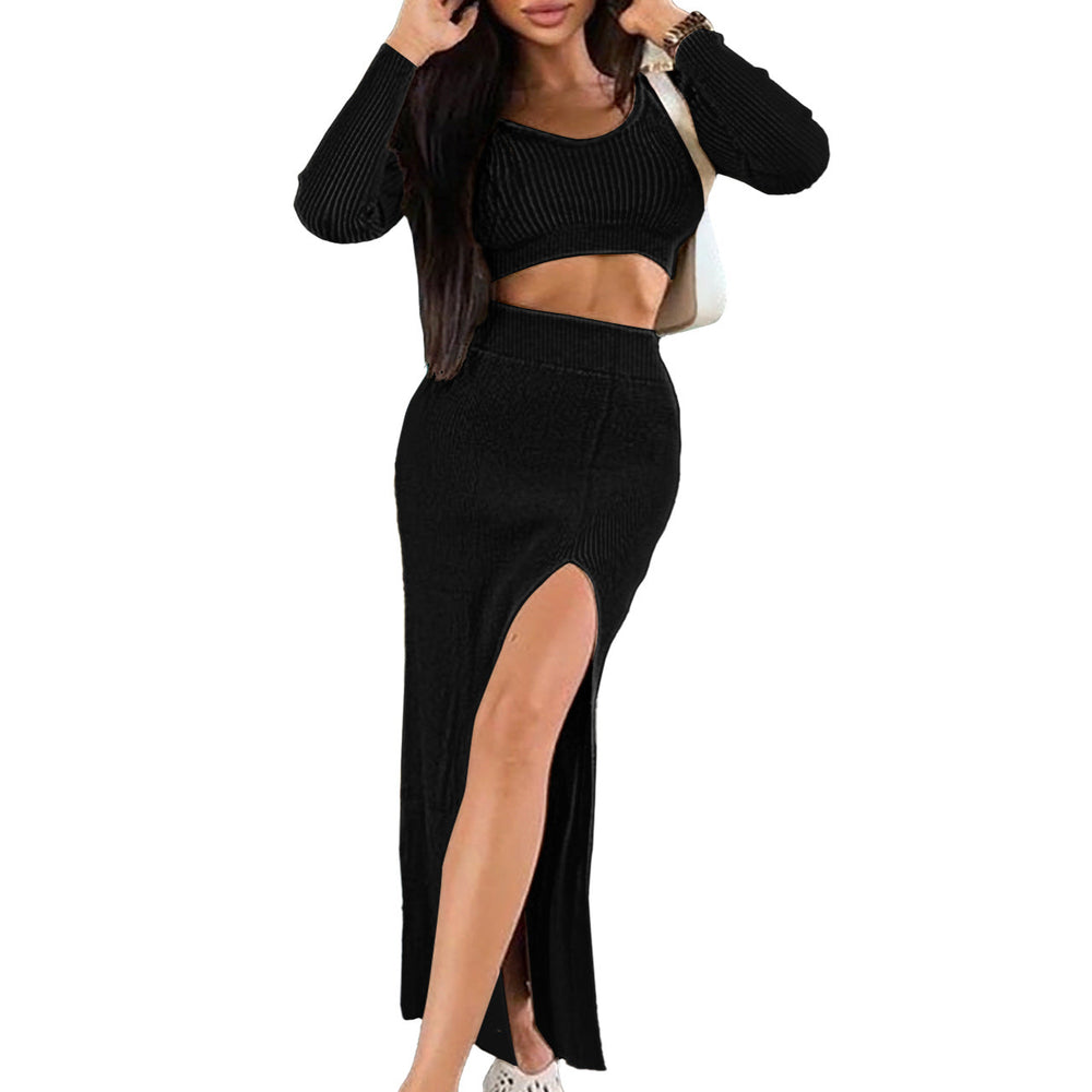 Women Clothing Thread Short Top Slit Skirt Slim Fit Two Piece Suit