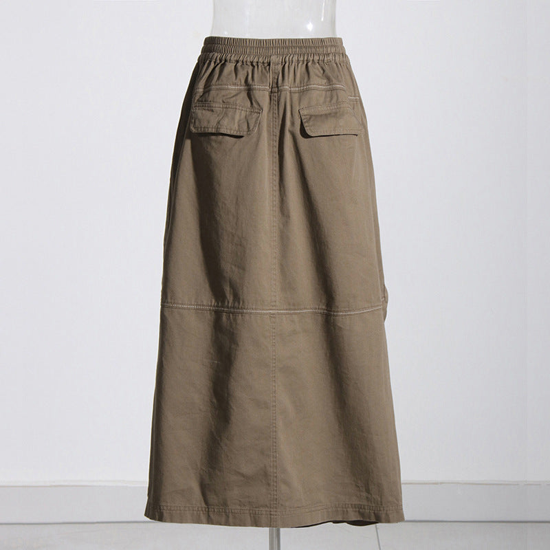 Personalized Street Midi Skirt Winter Heavy Industry Multi-Pocket Zipper High Waist Skirt Women Clothing