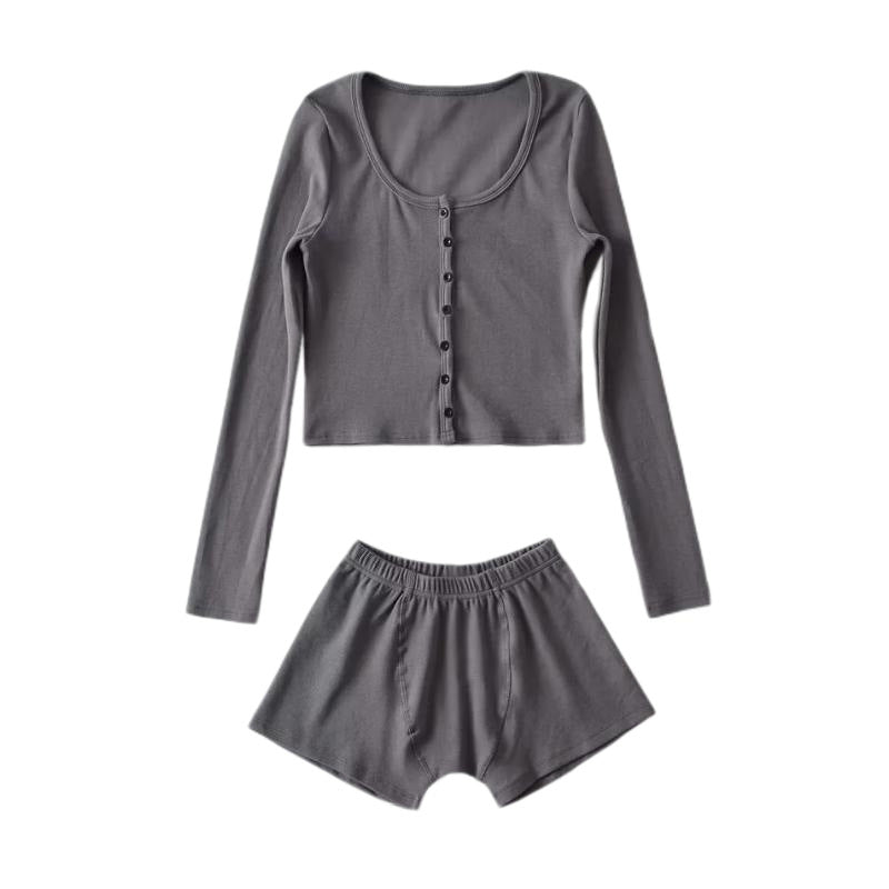 Sexy round Neck Single Breasted Short Cropped Cardigan T shirt Top Elastic Waist Slim Short Two Piece Suit