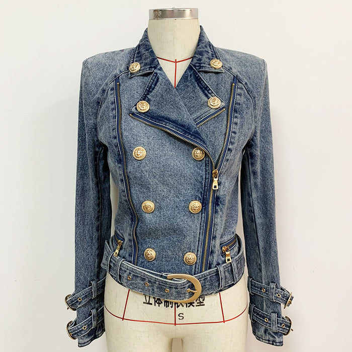 Women Coat Lion Buckle Slim Double Zipper Oblique Zipper Washed Denim Motorcycle Jacket