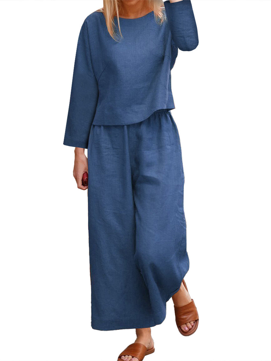 Casual Loose Solid Color Shirt Long Sleeve Trousers Two Piece Set