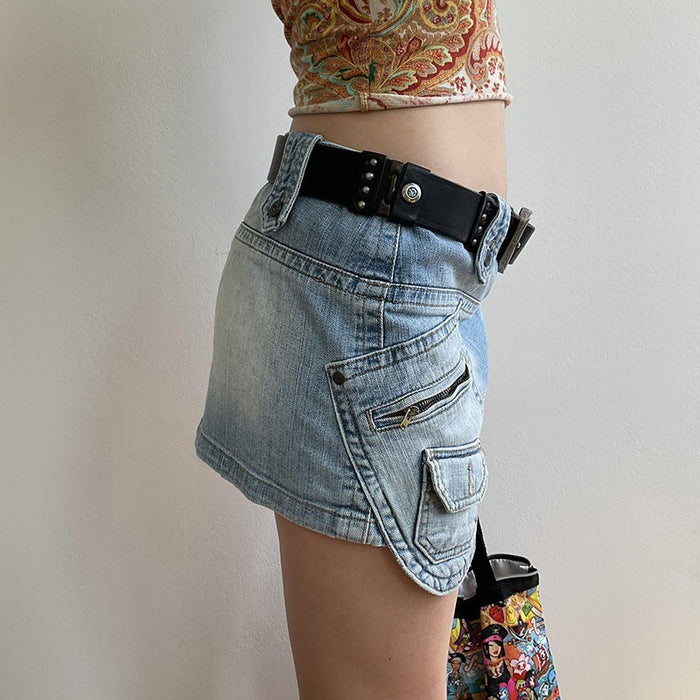 Retro Distressed Denim Skirt Sexy Low Waist Skirt Irregular Asymmetric Zipper Splicing Package Hip Skirt