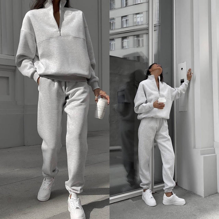 Women Long Sleeved Zipped Stand Collar Sweater Suit Autumn Winter Comfort Loose Sports Casual Sweater Two Piece Set